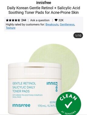 NWT INNISFREE GENTLE RETINOL DAILY SALYCILIC TONER PADS